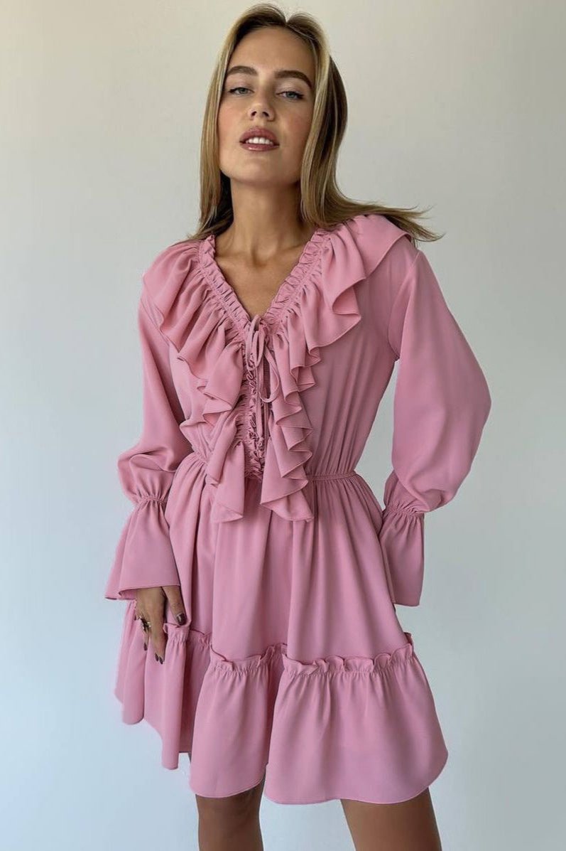 Ruffled Deep V-Neck Bell Sleeve Drawstring Waist Tiered Mini Dress