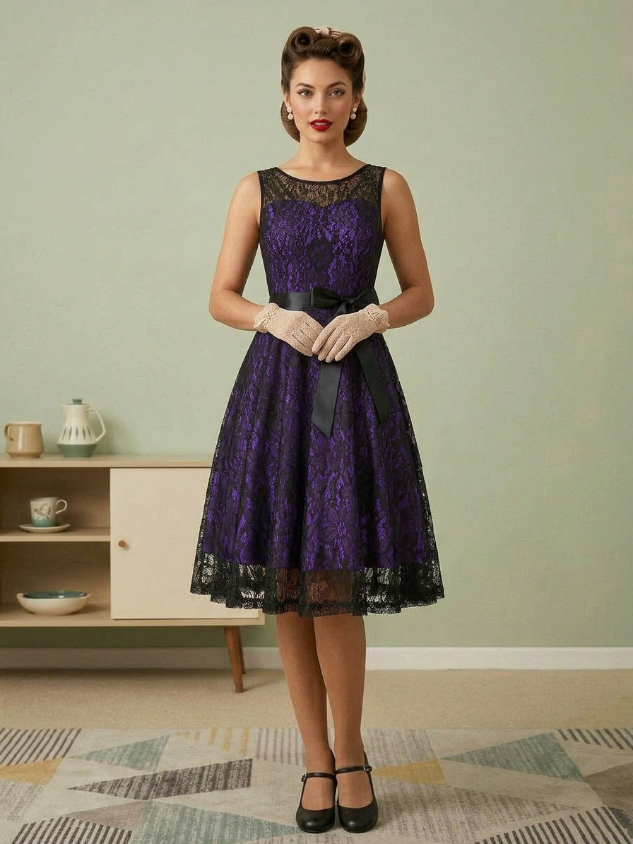 Retro Dress Green 1950s Style Two-Tone Sash Sleeveless V-Neck Medium Rockabilly Dress