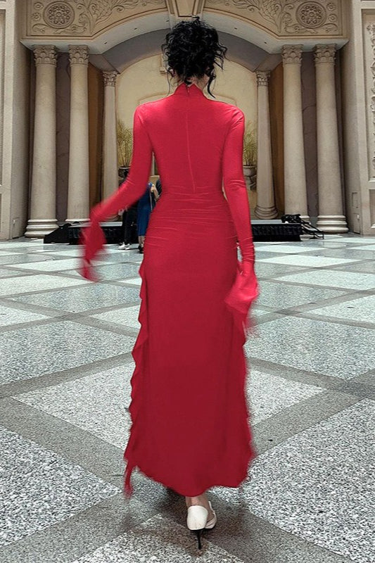 Crew Neck Ruched Long Sleeve Integrated Glove High Slit Ruffle Trim Maxi Dress