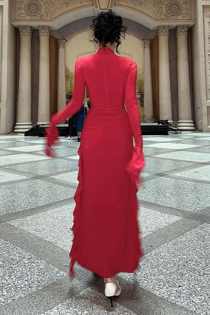 Crew Neck Ruched Long Sleeve Integrated Glove High Slit Ruffle Trim Maxi Dress