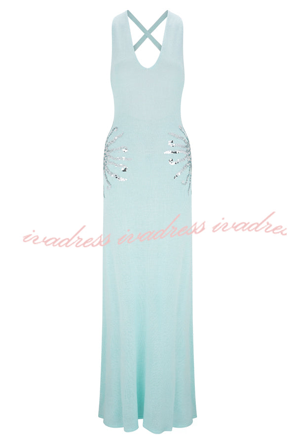 Sparkling Nights Knit Sunburst Sequin Detail Back Cross Straps Stretch Maxi Dress