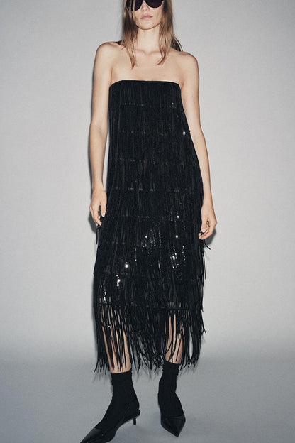 Chic Celebration Layered Sequined Tassels Slip Strapless H-line Midi Dress