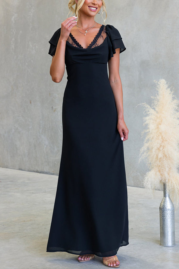 Midnight Charm Lace Detail Cowl Neck Bell Tiered Short Sleeve Maxi Dress