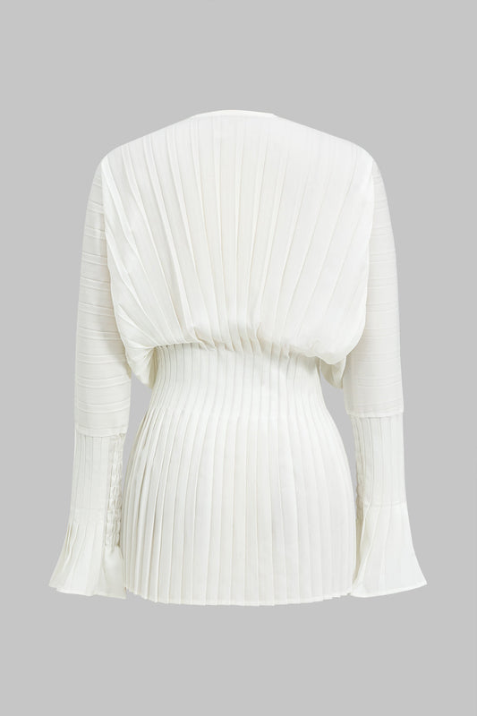 Pleated Bell Sleeve Corset Waist Long-Sleeve Shirt