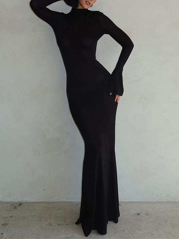 Solid Crew Neck Backless Long Sleeve Maxi Dress