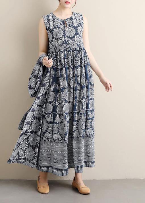 Style O Neck Sleeveless Spring Blue Print Maxi Dress