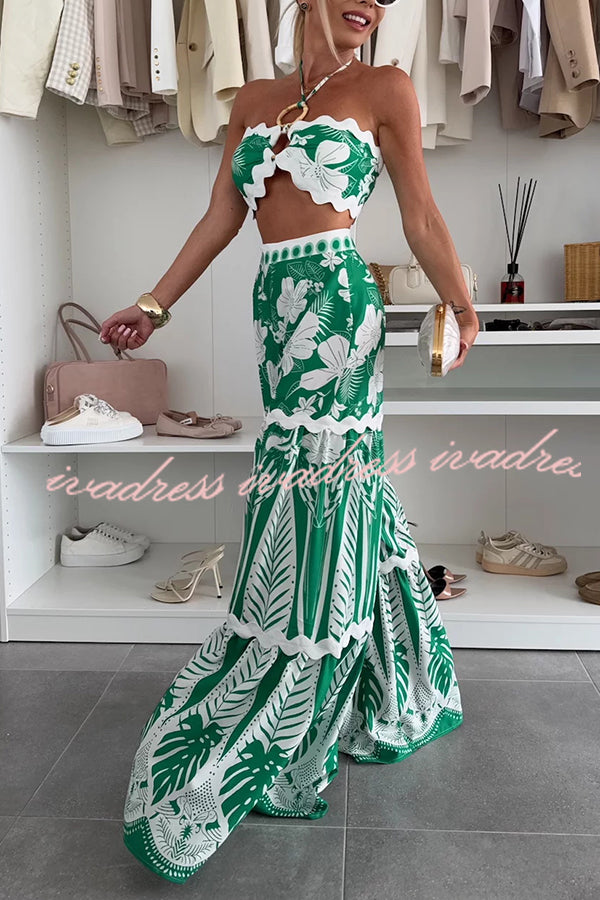 Cassie Ric Rac Trims Unique Print Halter Ring Tank and High Rise Wide Leg Pants Set