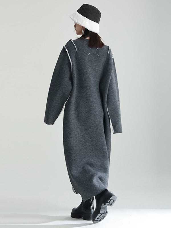 Casual Long Sleeves Loose Solid Color Round-Neck Sweater Dresses