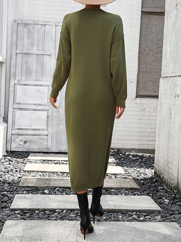 Long Sleeves Loose Buttoned Split-Joint Round-Neck Midi Dresses Sweater Dresses