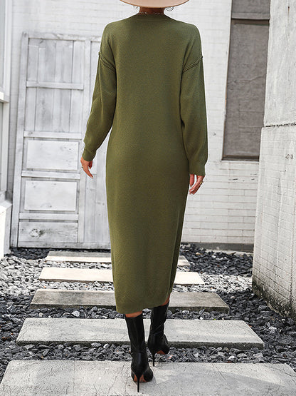 Long Sleeves Loose Buttoned Split-Joint Round-Neck Midi Dresses Sweater Dresses