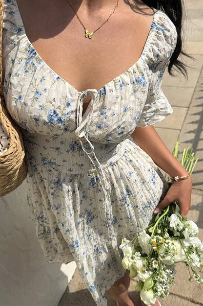 Lace-Up V-Neck Backless Floral Dress