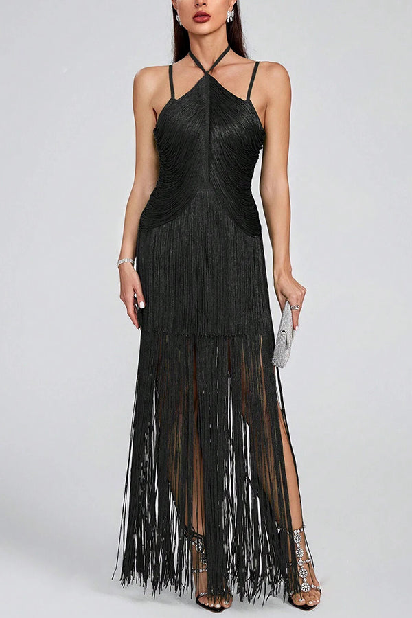 Sexy Halterneck Open Back Elegant Tassel Slim Maxi Dress