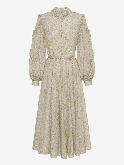 Floral Midi Dress Buttons Belted Lantern Sleeves Elegant Day Dresses