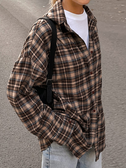 Vintage Plaid Print Long Sleeve Blouse