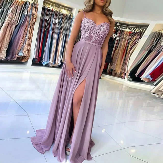 Floral Lace Sweetheart Spaghetti Strap Waistband High Slit A-Line Maxi Gown