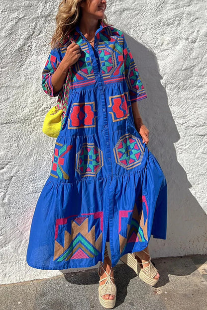 Take Me To Cabo Ethnic Unique Print Button Loose Shirt Midi Dress