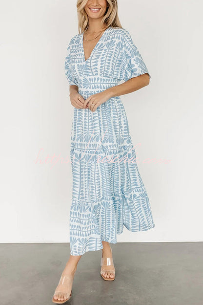 Bohemian Style Unique Printed Short Sleeve High Waist Midi Dress
