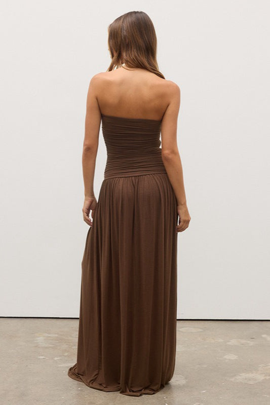 Strapless Ruched Bodice Dropped Waist Flowy Maxi Dress