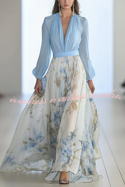 Plant Print V-neck Long Sleeve Elegant Stitching Maxi Dress