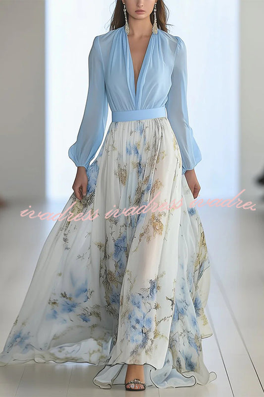 Plant Print V-neck Long Sleeve Elegant Stitching Maxi Dress