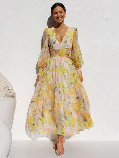 Maxi Dress V-Neck Long Sleeves Bohemian Floral Print Layered Pleated Long Dress