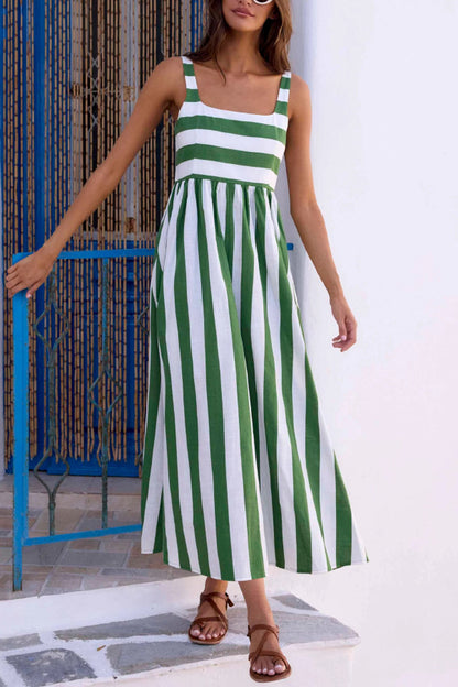 Fashionable Striped Printed Square Neck Sleeveless Casual Vacation Maxi Dress