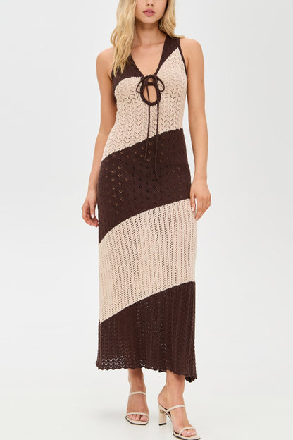 Fashionable Color-blocked Openwork Knit Slim-fit Maxi Dress