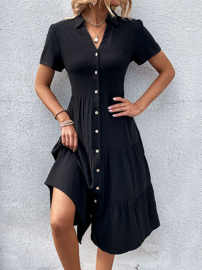 Buttons Casual V-Neck Short Sleeves Midi Dress