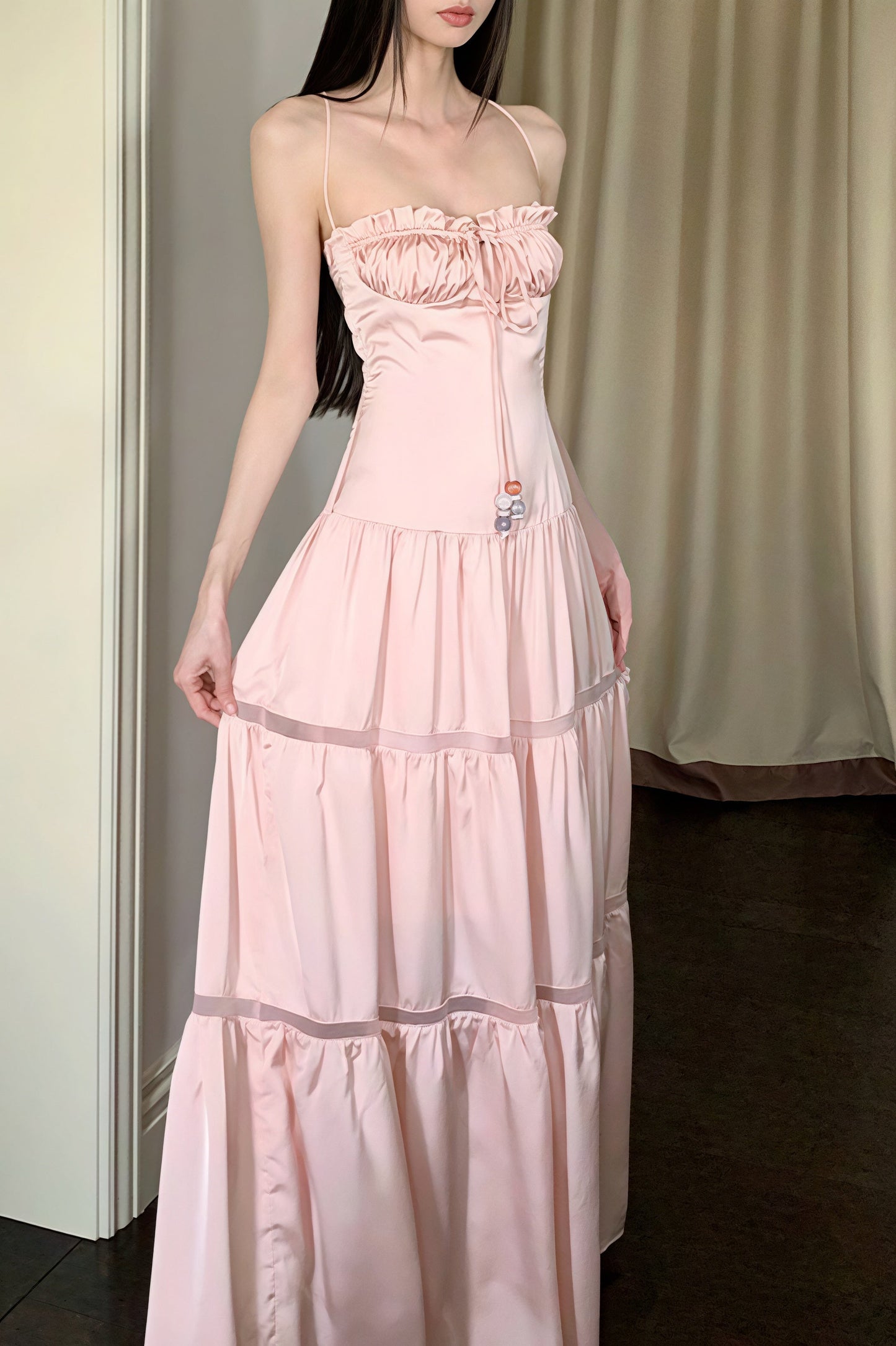 | Satin Strapless Spaghetti Strap Maxi Dress in Pink