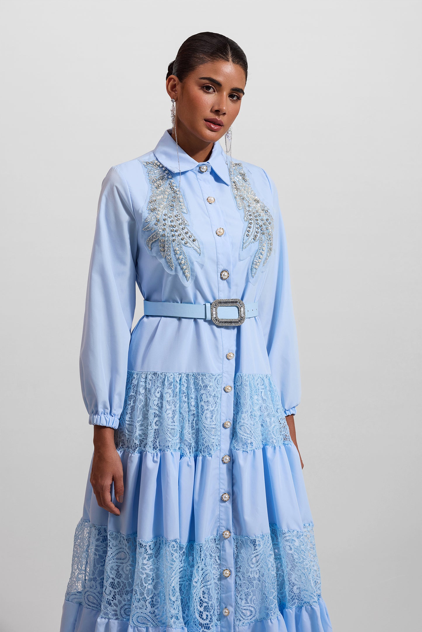 Solid Lace Embroidered Rhinestone Lantern Sleeve Midi Dress