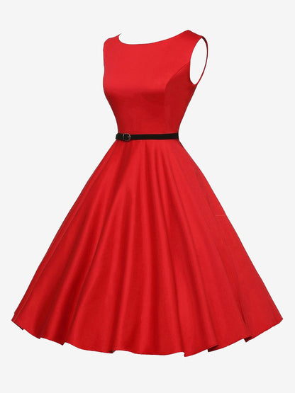 Vintage 1950s Swing Cocktail Dress Women - Sleeveless Boat Neck A-Line Belted Audery Style Midi Gown - Wedding Guest 2026