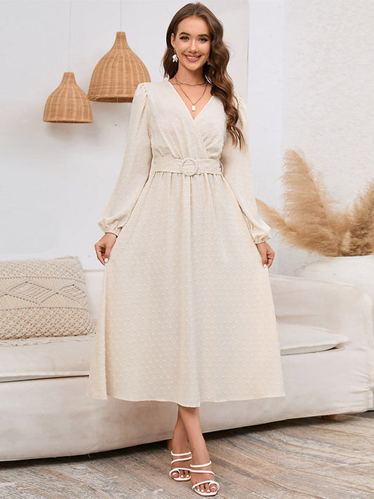 Midi Dresses V-Neck Lantern Sleeves Sash Chiffon Knee Length Dress