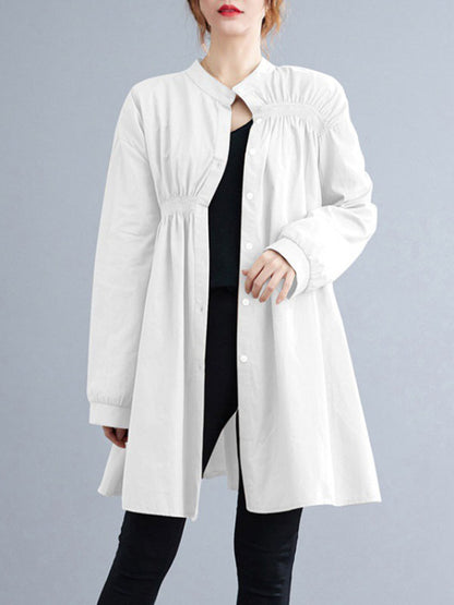 Long Sleeves Loose Asymmetric Buttoned Elasticity Pleated Mini Dresses