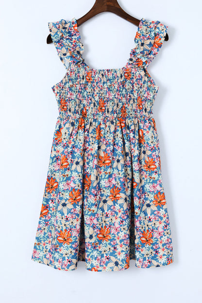 Multicolor Floral Sweetheart Ruffle Sleeveless Mini Dress