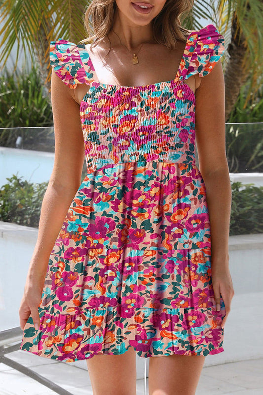 Rose Ruffled Shirred Sleeveless High Rise Floral Mini Dress