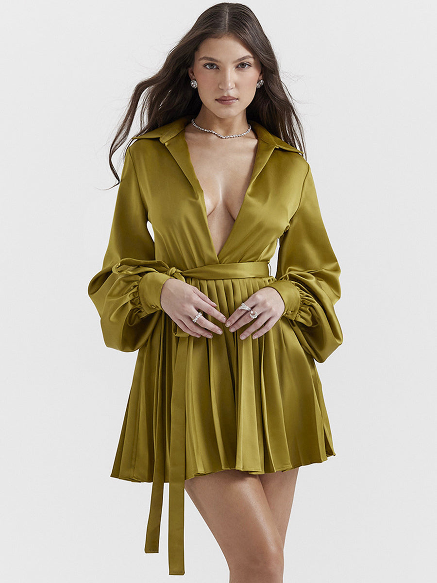 Shirt Dresses Olive V-Neck Pleated Long Sleeves Satin Fabric Mini Dresses Dresses