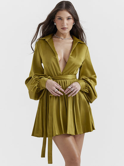 Shirt Dresses Olive V-Neck Pleated Long Sleeves Satin Fabric Mini Dresses Dresses