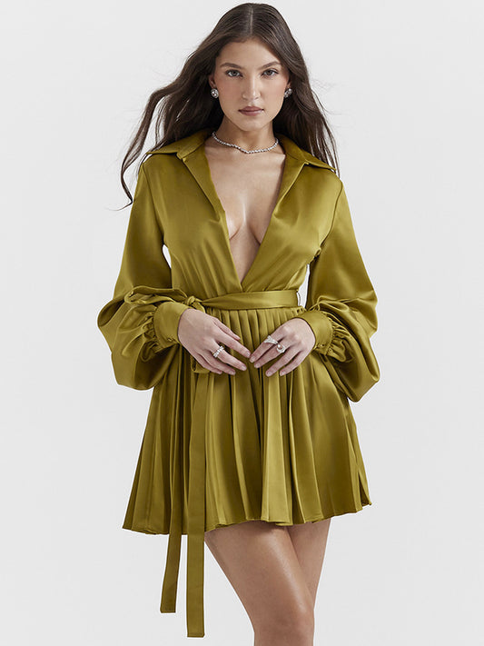 Shirt Dresses Olive V-Neck Pleated Long Sleeves Satin Fabric Mini Dresses Dresses