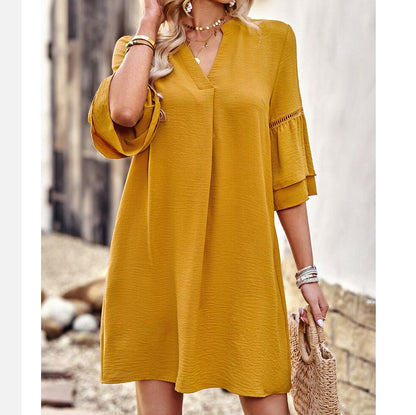 V-Neck Ruffle Sleeve Pocket Mini Dress in Four Colors