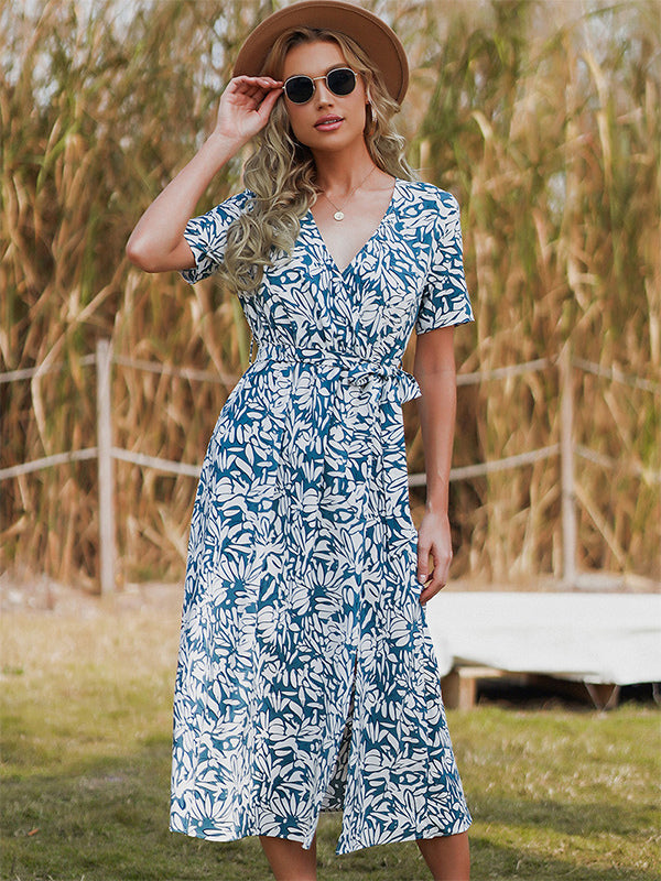 Floral Dress Printed Sash V-Neck Short Sleeves Chic Spring Midi Dresses