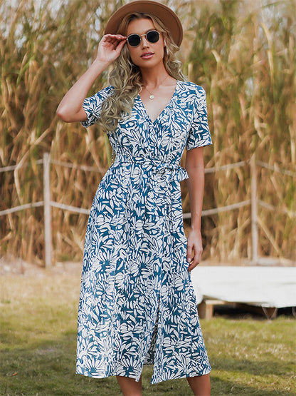 Floral Dress Printed Sash V-Neck Short Sleeves Chic Spring Midi Dresses