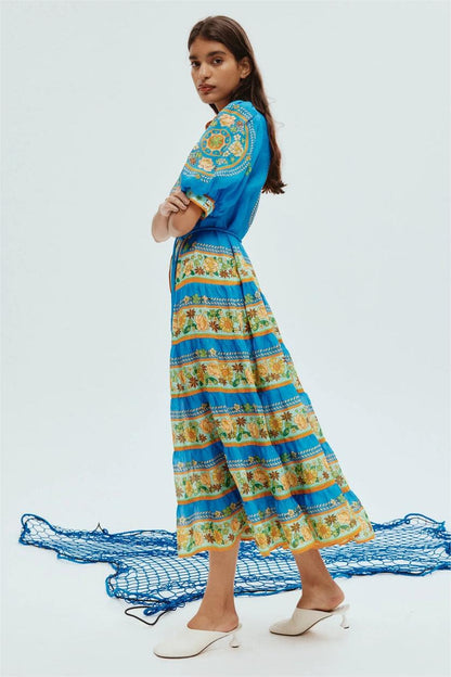 Floral Splicing Single Breasted Midi Dress