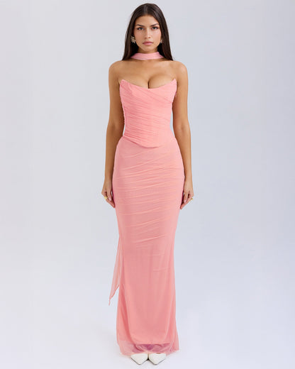 Strapless Pointed Sweetheart Corset Ruched Mesh Bodycon Maxi Dress with Matching Choker