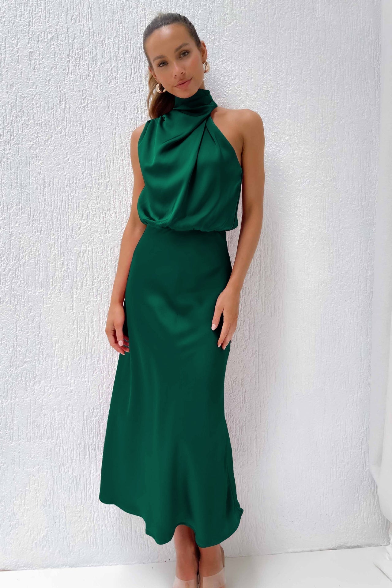 Satin High Neck Keyhole Back Sleeveless Bias-Cut A-Line Maxi Dress