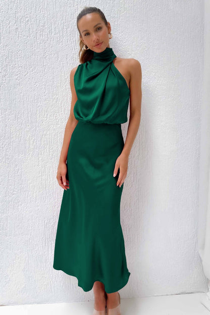 Satin High Neck Keyhole Back Sleeveless Bias-Cut A-Line Maxi Dress