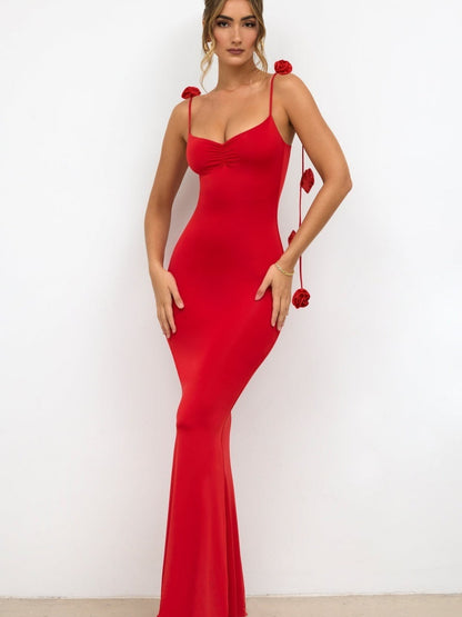 Backless 3D Floral Shoulder Strap Satin Formal Dress Red Midi Dresses
