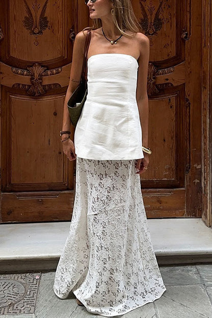 Margovil Elastic WaistBand Lace Hollow Out Maxi Skirt