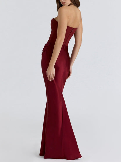 Satin Belted Strapless Off-the-shoulder Fishbone Pleated Long Bodycon Dress