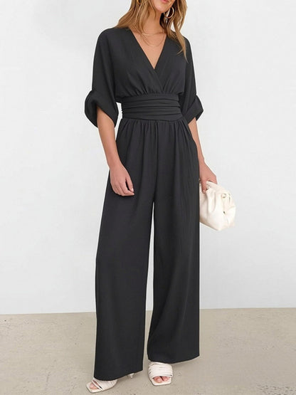 V-neck Waist Mid-length Sleeves Wide Leg Temperament Commuting Jumpsuits