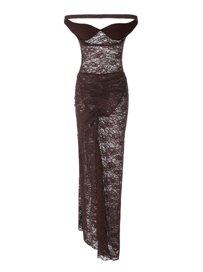 Two-piece Set: Patchwork Off-shoulder Backless Bodysuit With Sheer Lace Slit Maxi Skirt